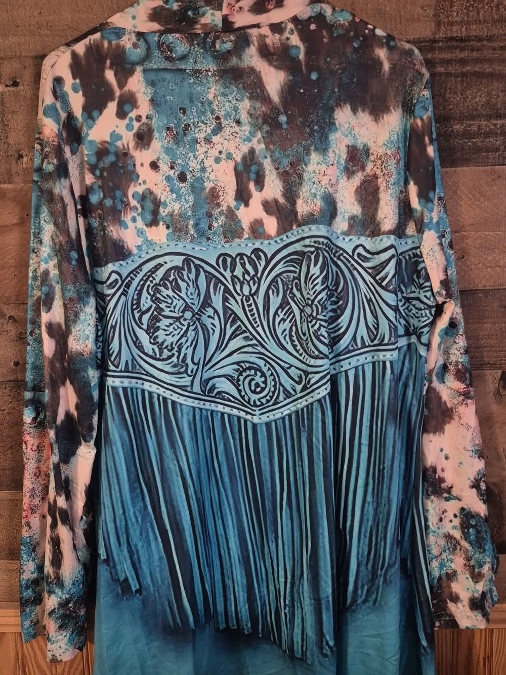 Women's Teal and Navy Fringe-Style Patterned Cardigan